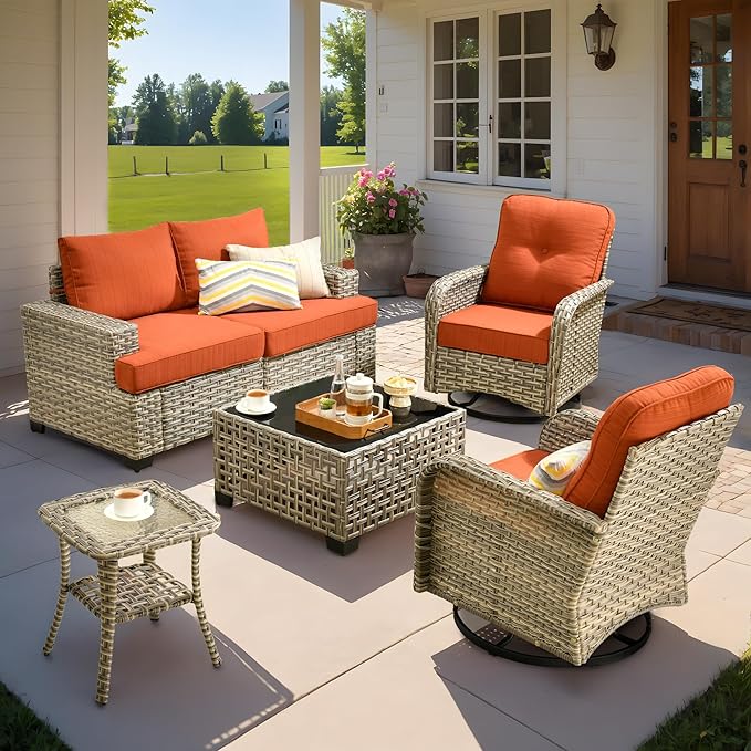 ovios 6 Piece Patio Sectional Furniture with Swivel Rocking Chairs, Rattan Wicker Coversation Set with Glowing Coffee Table, Outdoor Sofa Set for Outside Porch Balcony Backyard Pool, Orange