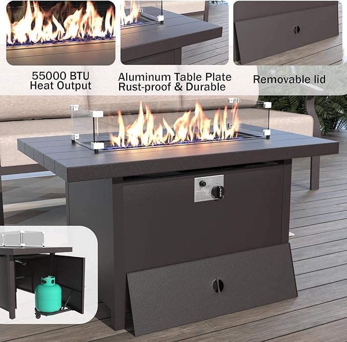 ALAULM Aluminum Patio Furniture Set with Propane Fire Pit Table 10-seat Metal Outdoor Furniture w/Fire Pit Patio Sectional w/5.1" Cushions for Patio, Backyard, Poolside-Sand