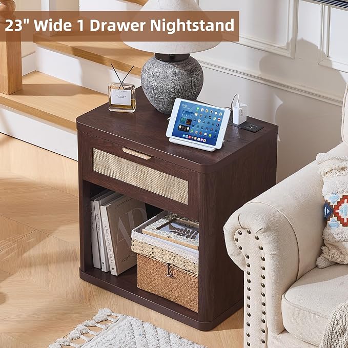 LEYAOYAO Rattan Nightstands Set of 2 with Charging Station, Walnut Night Stand with Drawer, 23" Wide Boho Bedside Table with Storage Shelf, Bed Side End Tables for Bedroom, Living Room, Hallway - Image 8