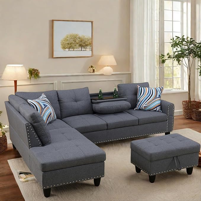FONTOI L Shaped Sectional Couch with Otttoman, 97" Leather Sectional Sofa for Living Room Modular Couches with Cup Holders for Bedroom, Apartments, Grey