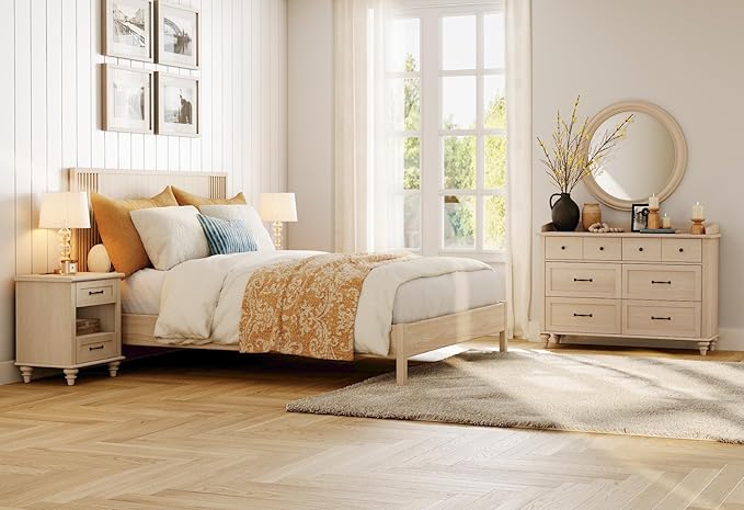 WAMPAT 3 Piece Bedroom Set - Includes Mid Century Dresser with 6 Drawers, Set of 2 Bedside Tables with Charging Station, 3 Piece Dresser and Nightstand Sets, Beige
