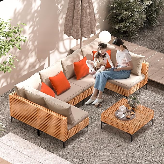 5 Piece Patio Furniture Set Modular Outdoor Furniture Set Wicker Sectional Patio Sofa with Table Cushions Patio Set for Balcony Porch Deck Yard (Salmon&Orange Wicker, Sand Cushion)
