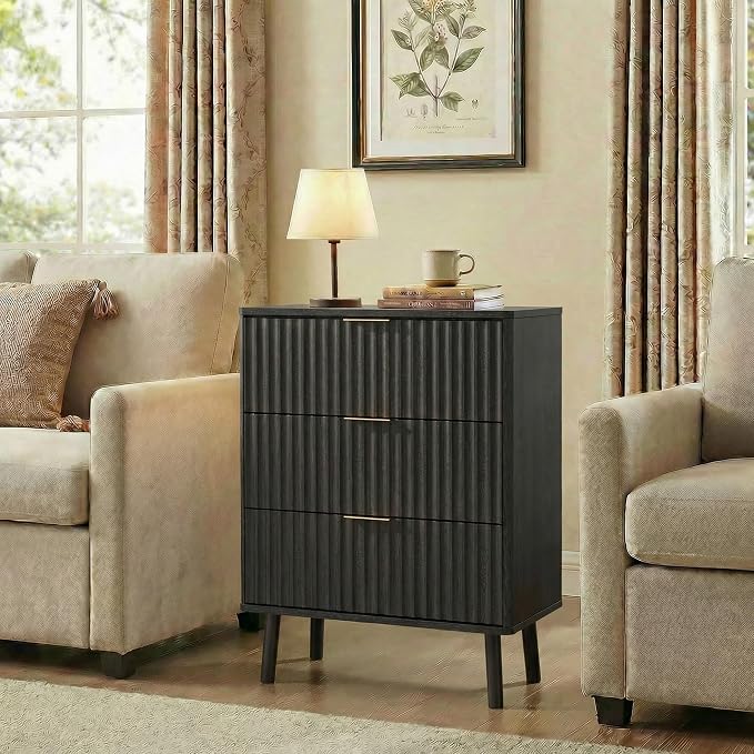 Nightstands Set of 2 Tall Night Stand with 3 Drawers 23.6" Wide, Fluted Wood Bedroom Bed Side Table Living Room End Table with Storage, Mid-Century Modern Black Nightstand Wooden Bedside Table, 2 Pcs - Image 6