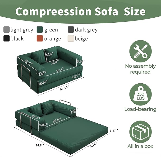 Folding Sofa Bed Convertible Corduroy Couch Queen Size Floor Sleeper 4-in-1 DIY Combination Modular Lazy Sofas Fold Futon Lounge for Living Room (Green, 53.15" Double Sofa)