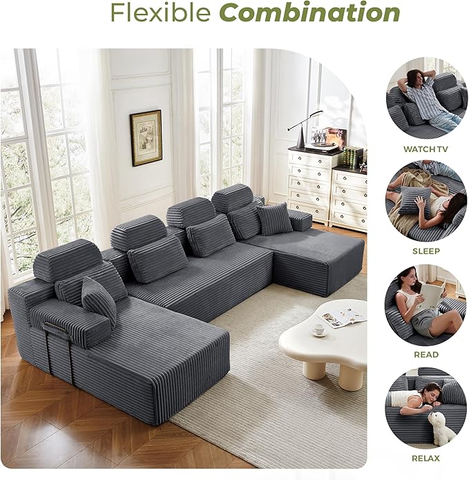 141" U-Shaped Cloud Modular Sectional Sofa with Chaise & Headrest, Boneless Deep Seat Plush Corduroy Couches for Large Living Room, No Assembly Required (Dark Gray, 141" U-shapred Chaise)