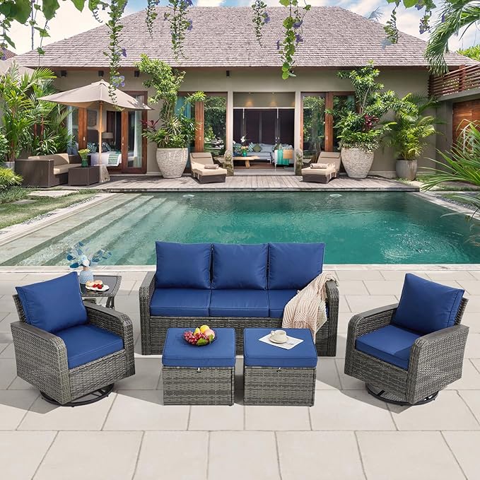 6 Pieces Wicker Patio Furniture Sets, Patio Conversation Set PE Rattan Sectional Sofa with Swivel Chairs Ideal for Indoor Porch Deck Bistro Lawn Garden Backyard Poolside-Blue