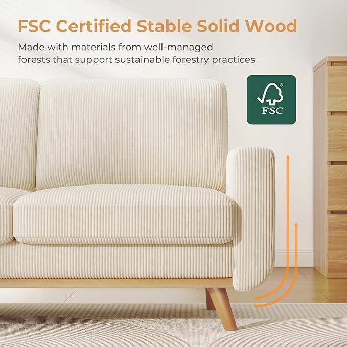 68" Beige Corduroy Loveseat Sofa, Comfy Deep Seat Couch with Spring Cushion & Solid Wood Frame, Modern 2-Seater Sofa for Living Room Bedroom Office