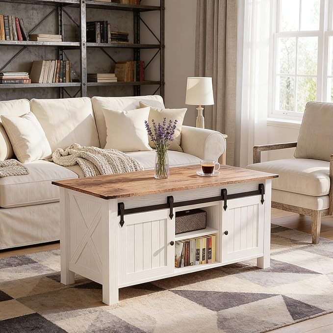 Lift Top Coffee Table with Storage, 47" Farmhouse Coffee Tables with Sliding Barn Door and Lift Tabletop Wooden Rustic Rectangle Center Table for Living Room, White