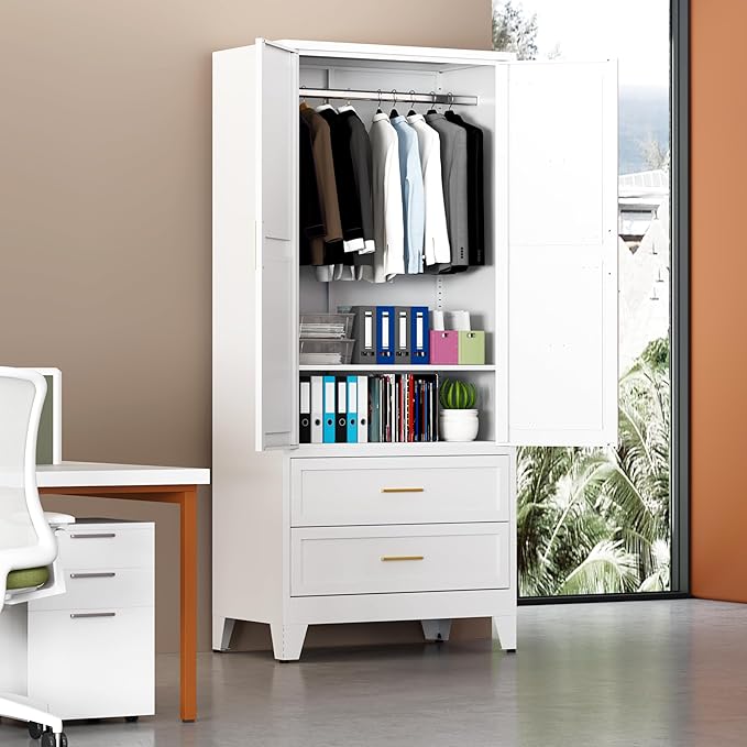Metal Armoire Wardrobe Closet with 2 Drawers, 71" Wardrobe Cabinet with 1 Adjustable Shelf & 1 Hanging Rod for Bedroom, White Metal Closet Storage Cabinet with 2 Doors & 2 Drawers