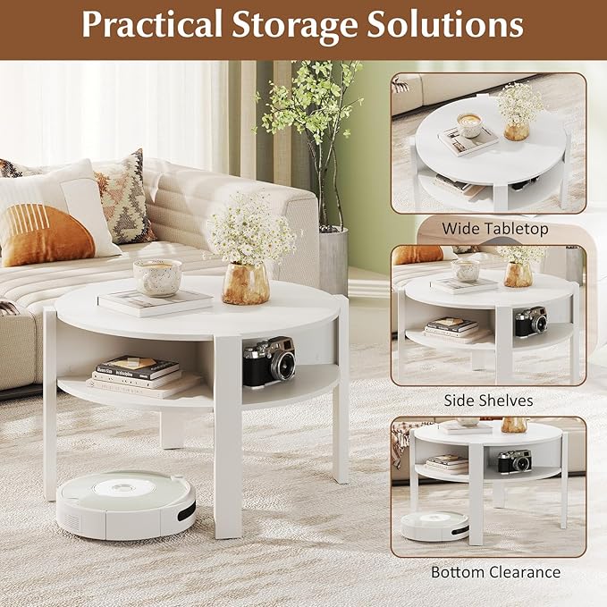 Tangkula Round Coffee Table, 29.5” 2-Tier Circle Cocktail Center Table with Storage Shelves, for Small Spaces, Living Room (White)