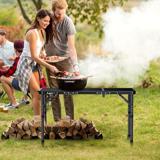 Anbte Folding Grill Table, 3ft Tri-Fold Aluminum Folding Table Adjustable Height Max 27.5" Grill Table with Mesh Desktop, Lightweight, Portable Handle for Outdoor Cooking BBQ Picnic (Black) - Image 2