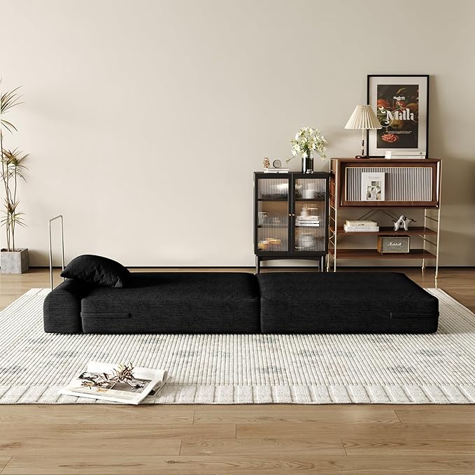 31.5'' Convertible Compressed Corduroy Folding Cloud Sofa Bed, Modern Boneless Pull Out Sleeper Sofa Couch in a Box, 3 in 1 Portable Lazy Floor Lounge Chair, No Assembly Needed, Black, Pillow, Single