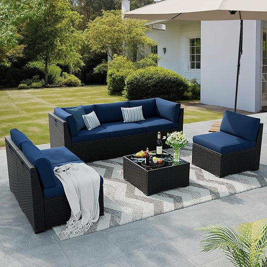 Patio Furniture Set, 7 Pieces Outdoor Sectional Sofa Set with Waterproof Cover, Black PE Wicker Rattan Slanted Back Outdoor Conversation Set with Cushions and Glass Coffee Table, Navy Blue