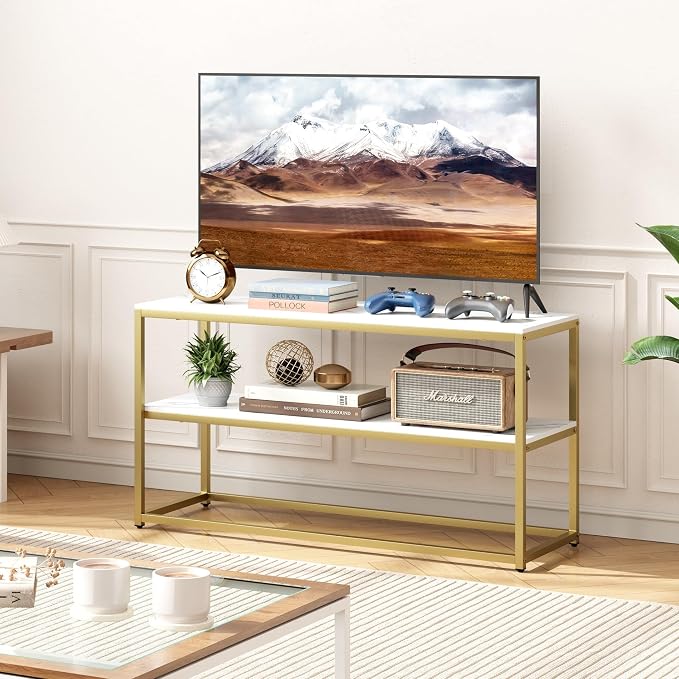 Function Home TV Stand for TVs up to 50 Inch, 2 Tier Entertainment Center, Modern TV Cabinet with Marble Top and Gold Metal Base, 42" Media Console Table with Storage for Living Room Bedroom - Image 2