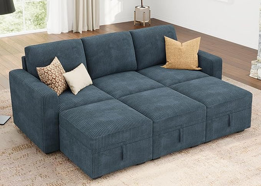 HONBAY Modular Sectional Sleeper Sofa Bed, Pull Out Couch with Storage Ottoman, U Shaped Sectional Couches for Living Room, Blue
