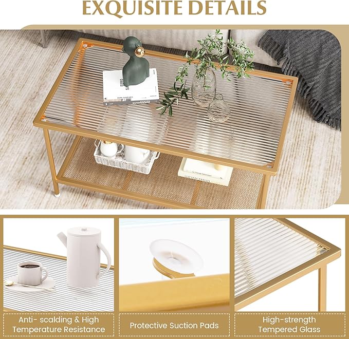 Tangkula Glass Coffee Table, 2-Tier Rectangular Tempered Glass Center Table w/Metal Mesh Storage Shelf, Modern Accent Table with Gold Metal Frame for Living Room & Small Spaces (Gold, 35.5”L)
