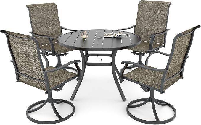 Anmutig 5 Piece Outdoor Glass Round Table and Chairs Set for 4 Person with 41 inch Patio Table, Tan Grey Textilene Retro Armrest Swivel Rocker Chairs - Style1 by Anmutig