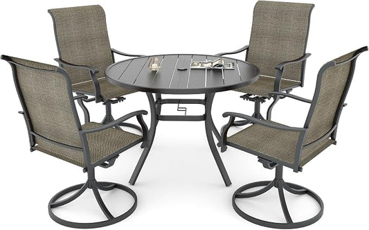 Anmutig 5 Piece Outdoor Glass Round Table and Chairs Set for 4 Person with 41 inch Patio Table, Tan Grey Textilene Retro Armrest Swivel Rocker Chairs - Style1 by Anmutig