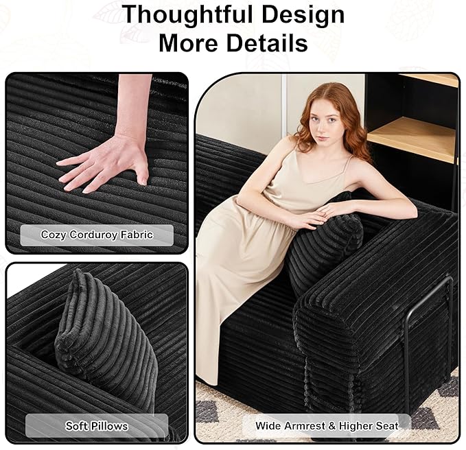 83'' Boneless Couch in A Box, No Assembly Needed Sofa Bed Couch 3 Seater Corduroy Modern Cloud Sofa 29'' Deep Seat with 2 Pillows & Removable Backrest for Living Room, Bedroom, Apartment, Black | No Assembly Needed, High Density Foam, Removable Backres...