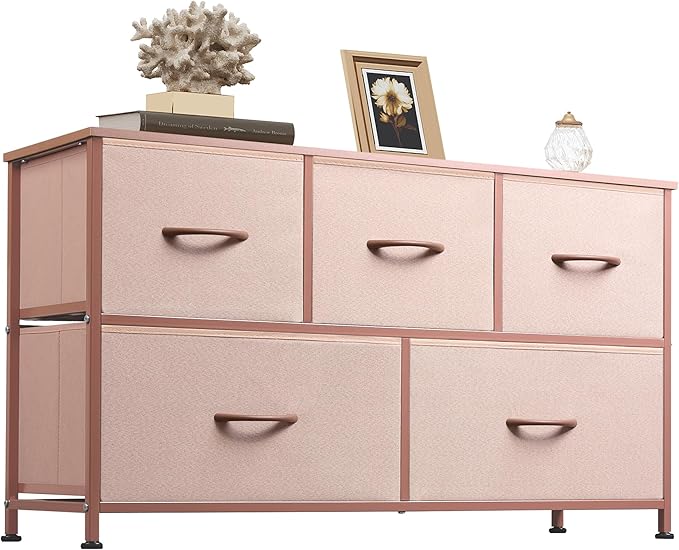 WLIVE Dresser for Bedroom with 5 Drawers, Wide Chest of Drawers, Fabric Dresser, Storage Organization Unit with Fabric Bins for Closet, Living Room, Hallway, Pink and Rose Gold by WLIVE