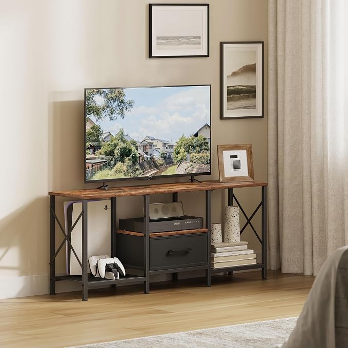 JARHETUN TV Stand with Fabric Drawer, Entertainment Center for 50 55 Inch TV, Industrial TV Console Table with Open Storage Shelves for Living Room, Bedroom, Rustic Brown - Image 2