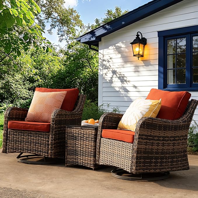 MEISSALIVVE 3 Pieces Patio Furniture Set with Swivel Chair, Outdoor Swivel Rocker with Washable Cushions & Tempered Glass Tabletop, Outdoor Rattan Conversation Set for Lawn Backyard Porch (Red)