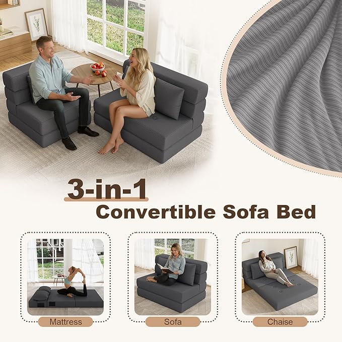 Folding Sofa Bed, Convertible Sleeper Chair & Couch Bed with Pillow, One-Piece High-Density Sponge Mattress, Multi-Purpose Corduroy Floor Sofa for Living Room, Office, Apartment, Grey, Twin