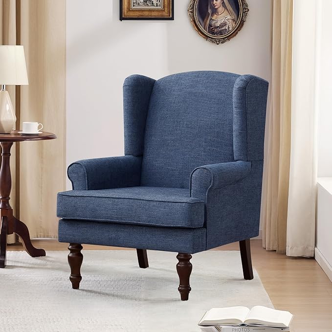 HUIMO Printed Wingback Accent Chair, Linen Upholstered High Back Armchair, Comfy Reading Chair for Living Room Bedroom Study, 300lbs Weight Capacity (1, Navy Blue)