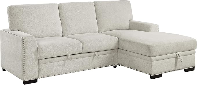 Lexicon Mid Century Modern Sectional Sleeper Sofa Bed Couch with Storage Chaise, Sectional Sofa Pull Out Couch Bed, Sectional Couch Lounge Sofa for Living Room Apartment, Right Side Chaise, Beige