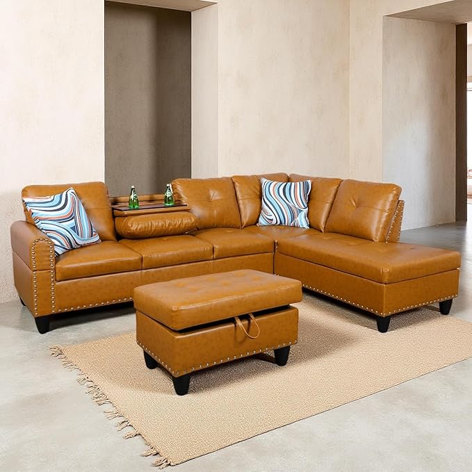 Sectional Couches for Living Room, Convertible 4 Seat Modular Sectional Sofa Set for Living Room, L Shaped Couch or U Shaped Couch with Storage Ottoman for Apartment, Orange