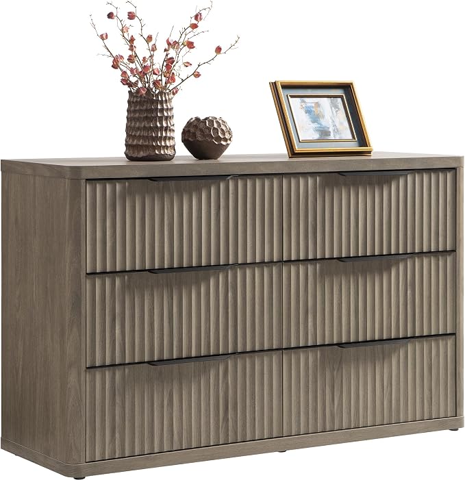 SICOTAS Dresser for Bedroom 53.5" Wide 6 Drawer Dressers & Chests of Drawers for Closet Long Large Modern TV Stand Set for Clothes Storage Fluted Clothes Closet for Hallway Entryway, Grey Alder by SICOTAS