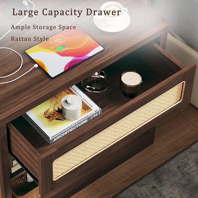 Rattan Nightstands Set of 2, Night Stand with Wireless Charging, Mid Century Modern Bedside Table with Drawer & Open Shelf, Curved Profile Design, End Side Table with Storage for Bedroom, Living Room - Image 6