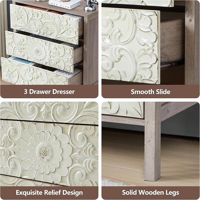 3 Drawer Dresser, Vintage French Chest of Drawers with Storage, Farmhouse Distressed Boho Nightstands Set of 2, Small Wide Dresser for Bedroom Hallway Living Room Entryway (2, Rustic Brown Gray) - Image 6