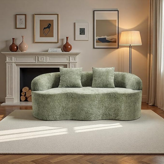 Curved Compression Sofa, Modern Loveseat Couch with Rounded Armrests & 2 Coordinating Pillows, 67'' Polyester 2 Seater Sofa for Small Living Room, Bedroom and Offices, No Assembly, Green