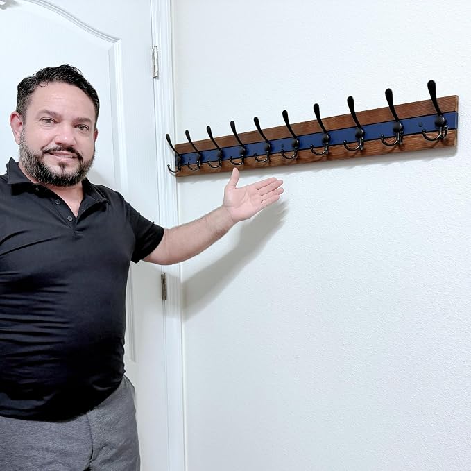 SKOLOO Rustic Wall Mounted Coat Rack - 38-1/8" Long Coat Hooks for Wall with 10 Triple Hooks for Hanging Coats, Hats or Tools, Western National Parks Collection, Wood Brown & Blue - Image 4