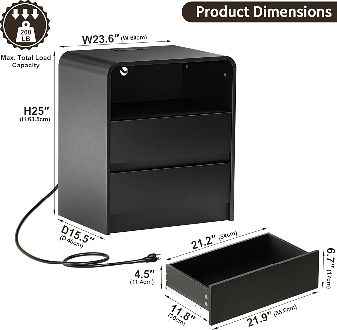 Modern Night Stand with Charging Station, 25" Tall Wood Nightstand Bedside Table with 3 Drawers & USB Ports, Mid-Century End Table for Bedroom (1, Black Smooth, 2 Drawers) - Image 2