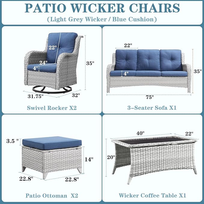 Wicker Patio Furniture Set: 6 Piece Outdoor Conversation Sets with Swivel Rocker Chairs, Patio Couch, Ottomans and Coffee Table for Porch Balcony Garden, Light Grey