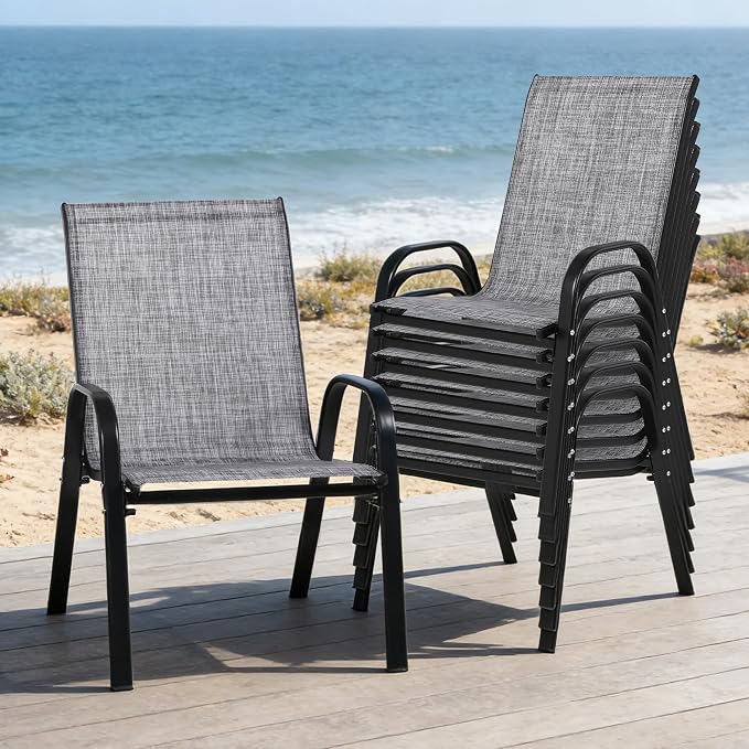 Outdoor Stackable Chairs Set of 8, Stacking Patio Chairs with Textilene Fabric, Outside Furniture for Garden Backyard Balconie Poolside Deck, Grey - Image 2