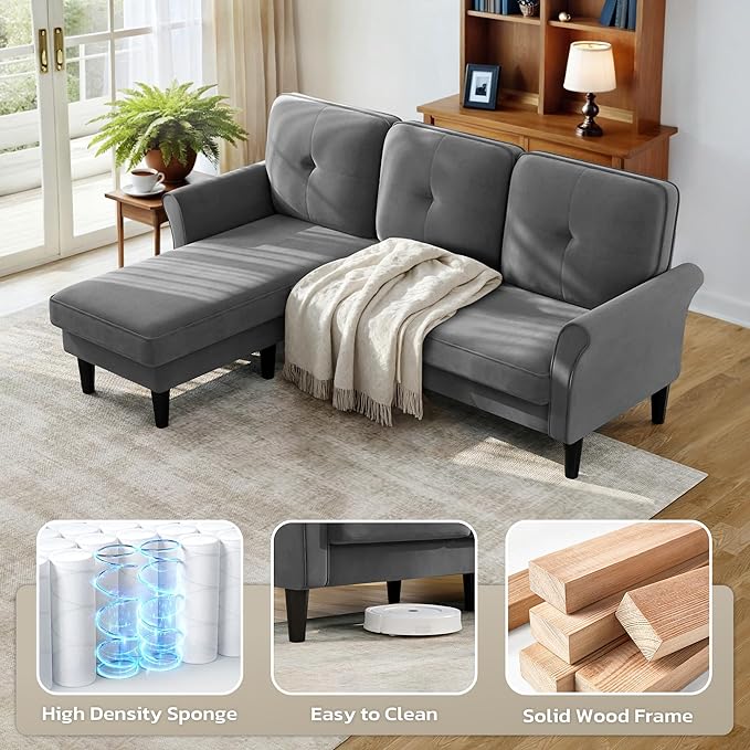 Sofas for Living Room, 83" Velvet Sectional Couch with Moveable Ottoman, Midcentury Modern Small Sectional Couch, L Shape Sofa & 3 Seater, Couches for Living Room, Apartment, Bedroom, Grey