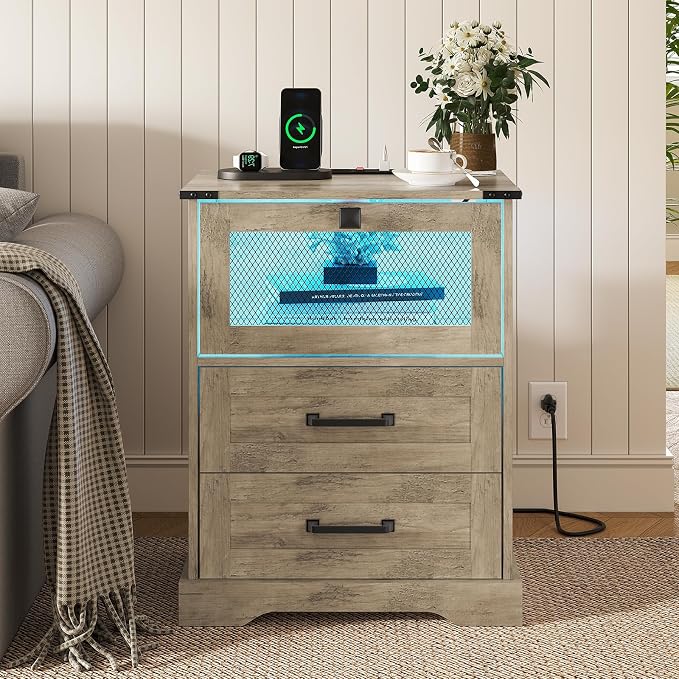 Hasuit Farmhouse Night Stand with LED Lights and Charging Station, Rustic Oak Nightstand with 2 Drawers, and Cubby with Wire Mesh Door, Bedside End Table for Bedroom by Hasuit