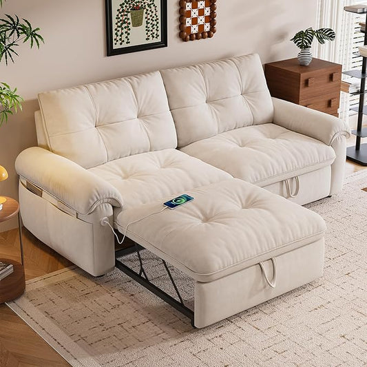 KEIKI 77" Modular Sectional Sofa with Pull-Out Bed, Convertible Sleeper Sofa Bed, 3-Seater Sleeper Sofa Couch for Living Rooms, Bedroom, Apartment, Beige