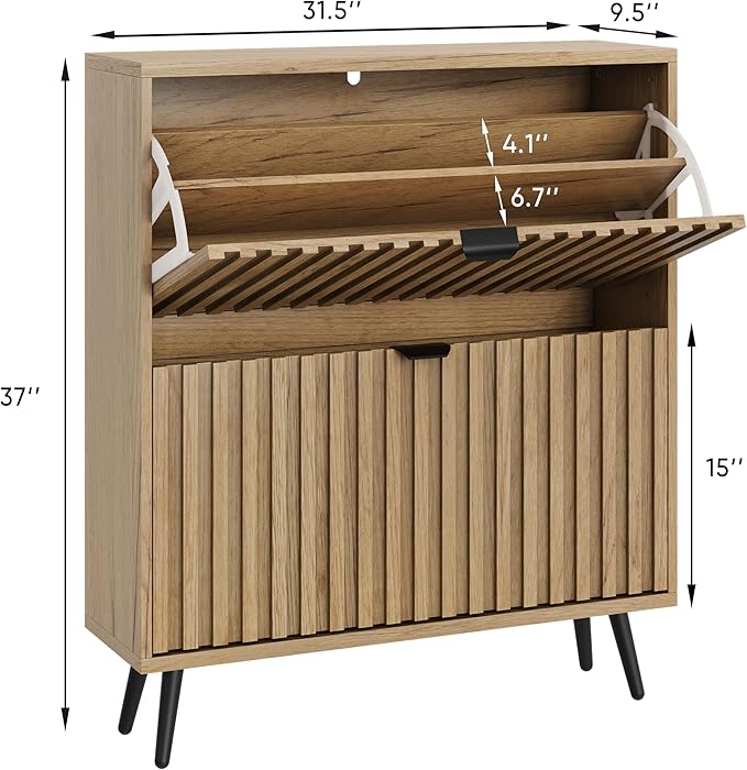 Smuxee Shoe Cabinet with 2 Flip Drawers, 31.5" Natural Hidden Shoe Storage Cabinet with Fluted Design, Freestanding Shoe Organizer Cabinet for Entryway, Hallway, Closet, Living Room - Image 7