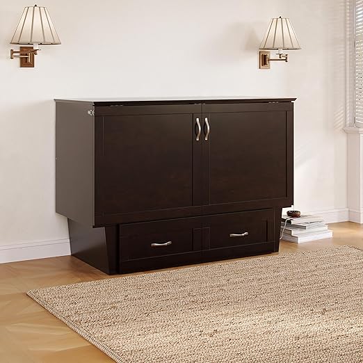 AFI, Chelsea Mid-Century Modern Full Wood Murphy Bed Chest with 6" Mattress, Storage Drawer & Built-in USB Charger, Espresso