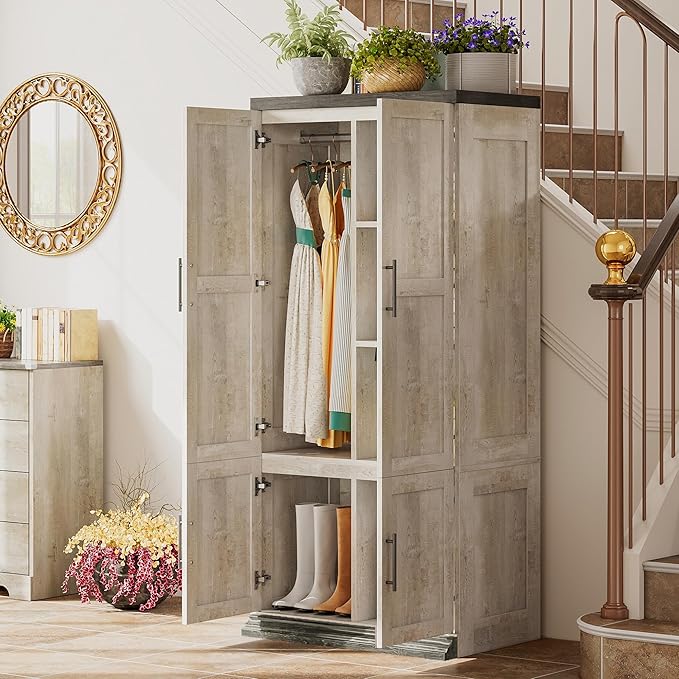 LIKIMIO Large Wardrobe Closet, Farmhouse Clothing Storage Cabinet with Hanging Rod and 2 Doors, Wooden Tall Bedroom Armoires with Storage Shelves, Rustic White