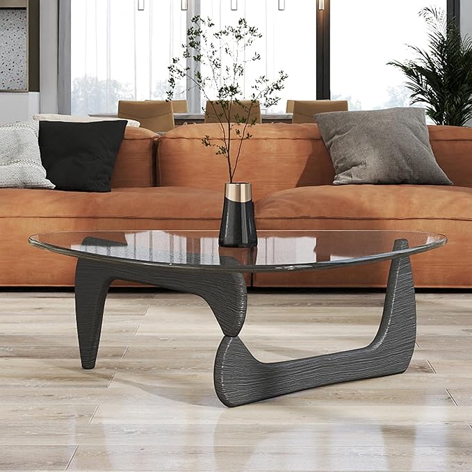 Black Coffee Table for Living Room, Mid Century Small Coffee Tables, Rustic Clear Center Table with Tempered Glass & Solid Wood Base, Triangle Coffee Table for Small Spaces