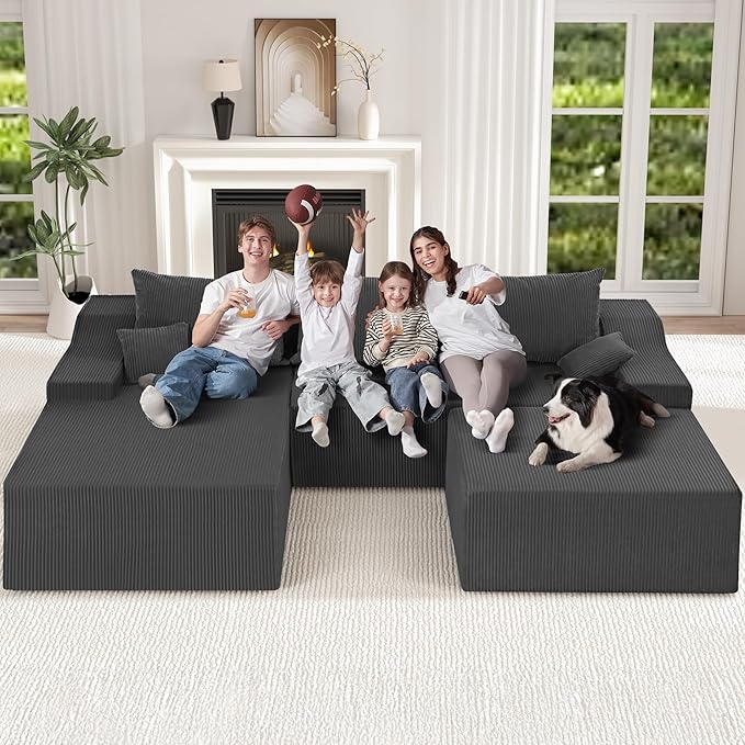HABUTWAY 94“ U Shaped Modular Sectional Couch for Living Room, Modular Cloud Sofa with Ottoman, No Assembly Boneless Couches with Deep Seat, Corduroy Fabric (Grey, Left Facing)
