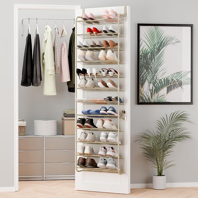 Whitmor 36 Pair Over The Door Shoe Organizer, 12 Tier Hanging Shoe Organizer, Heavy Duty Metal & Mesh Shoe Holder, Hanging Shoe Rack for Closet Organizer & Storage, 69"L x 21.7"W x 7.5"H, Oat by Whitmor