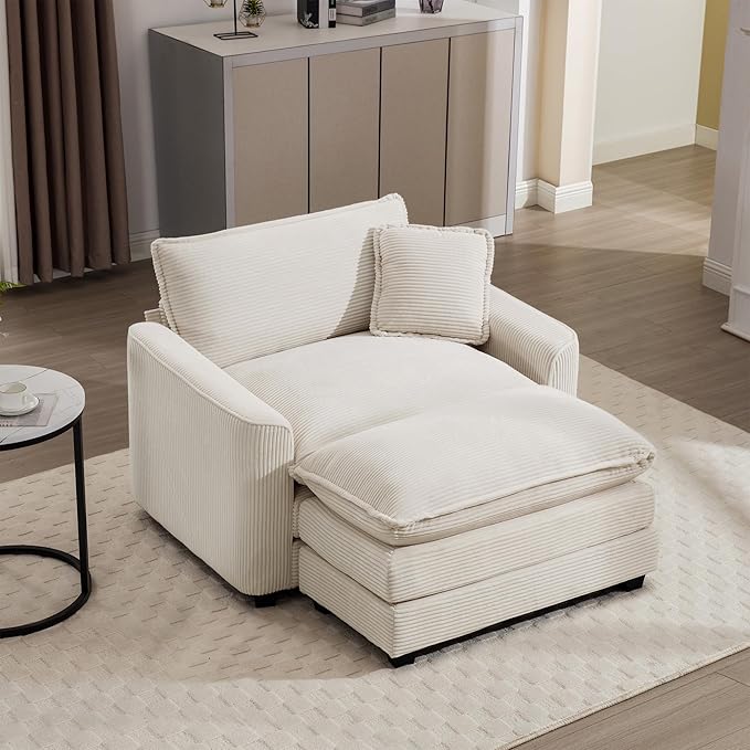 KEIKI 45" Oversized Corduroy Modular Sectional Single Sofa with 1 Ottoman, High-Density Foam Cushions, Removable Armrest, Upholstered 1-Seater Lounge Accent Chair with 1 Pillow, for Living Room, Beige