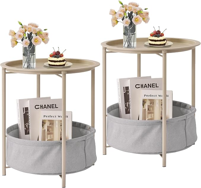 VECELO Round Side/End Table with Fabric Storage Basket，Metal Anti-Rust and Waterproof Small Bedside Nightstand with Removable Tray Top for Living Room，Balcony & Laundry，Grey /2pcs with Basket by VECELO