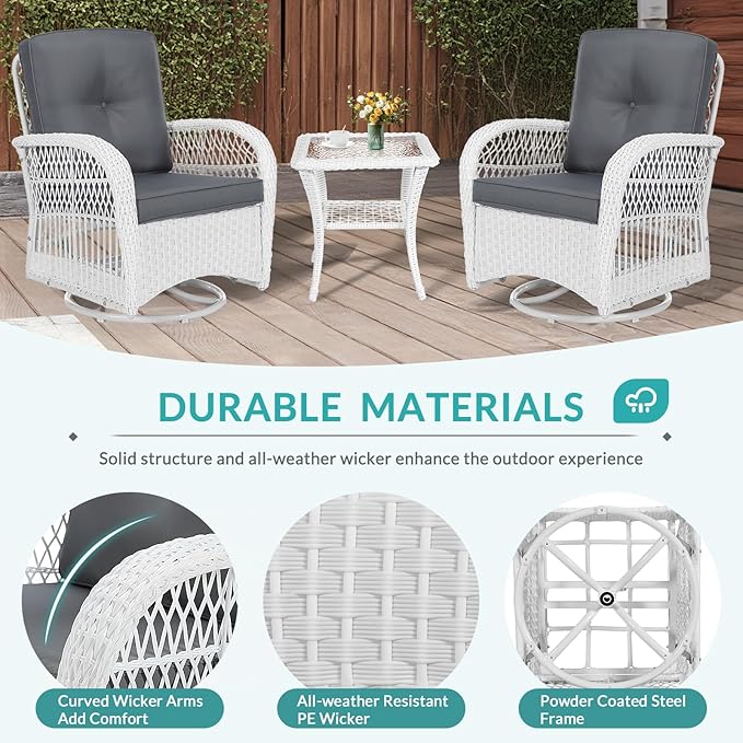 MEETWARM 3 Pieces Outdoor Wicker Swivel Rocker Patio Set, Rocking Chairs Rattan Patio Furniture Sets with Thickened Cushion and Glass-Top Coffee Table, Conversation Bistro Set, White Wicker/Grey